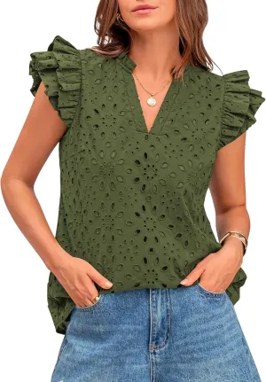 BTFBM Women Summer Eyelet Tops Dressy Casual V Neck Ruffle Cap Sleeve Cotton Boho Shirts Lace Embroidered Blouses 2025