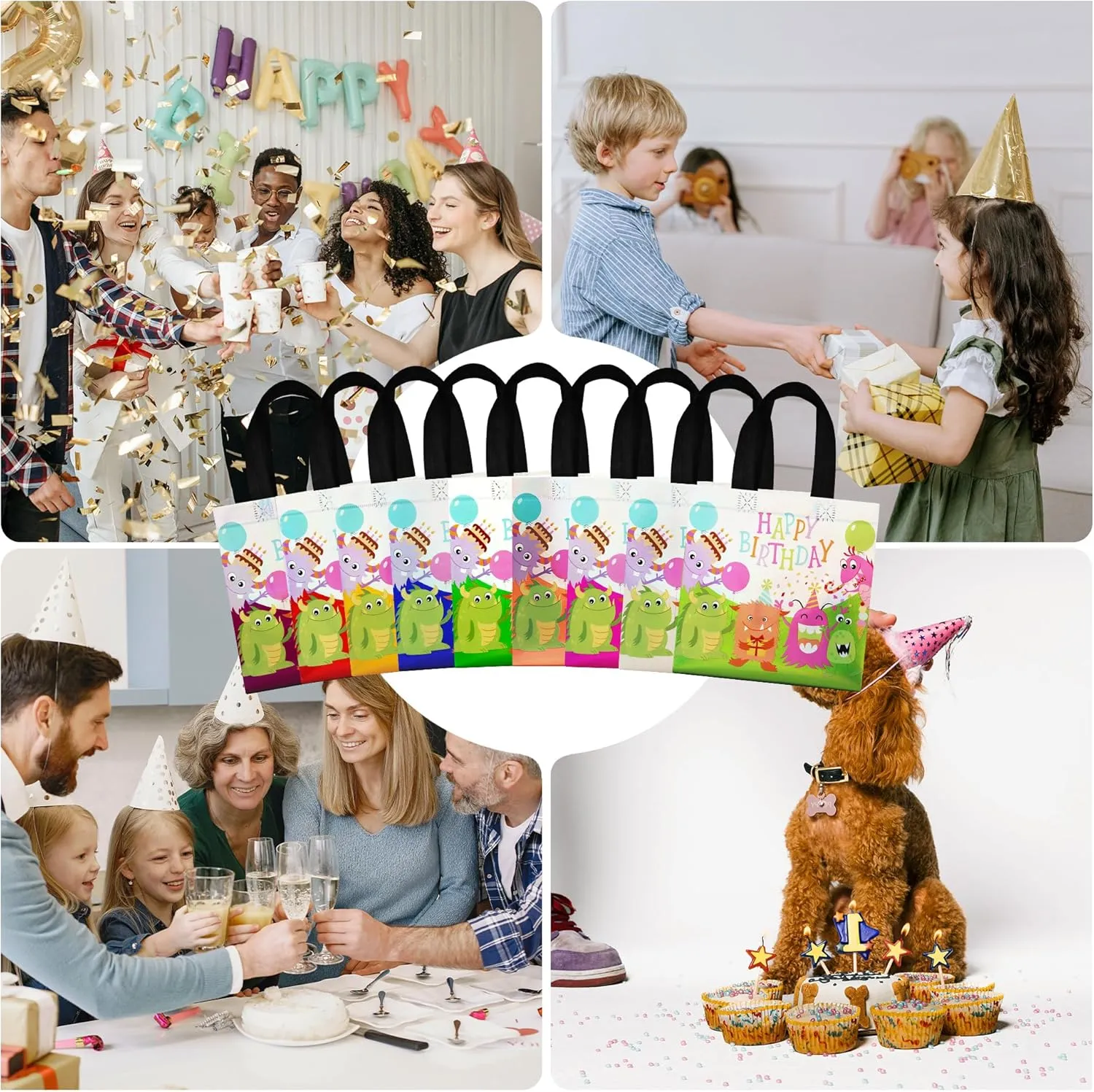cabzymx Small Birthday Gift Bags with 9 colors, 9 Pcs Cartoon Pattern Happy Birthday Party Bags with Bases for Girls, Boys- Multicolor