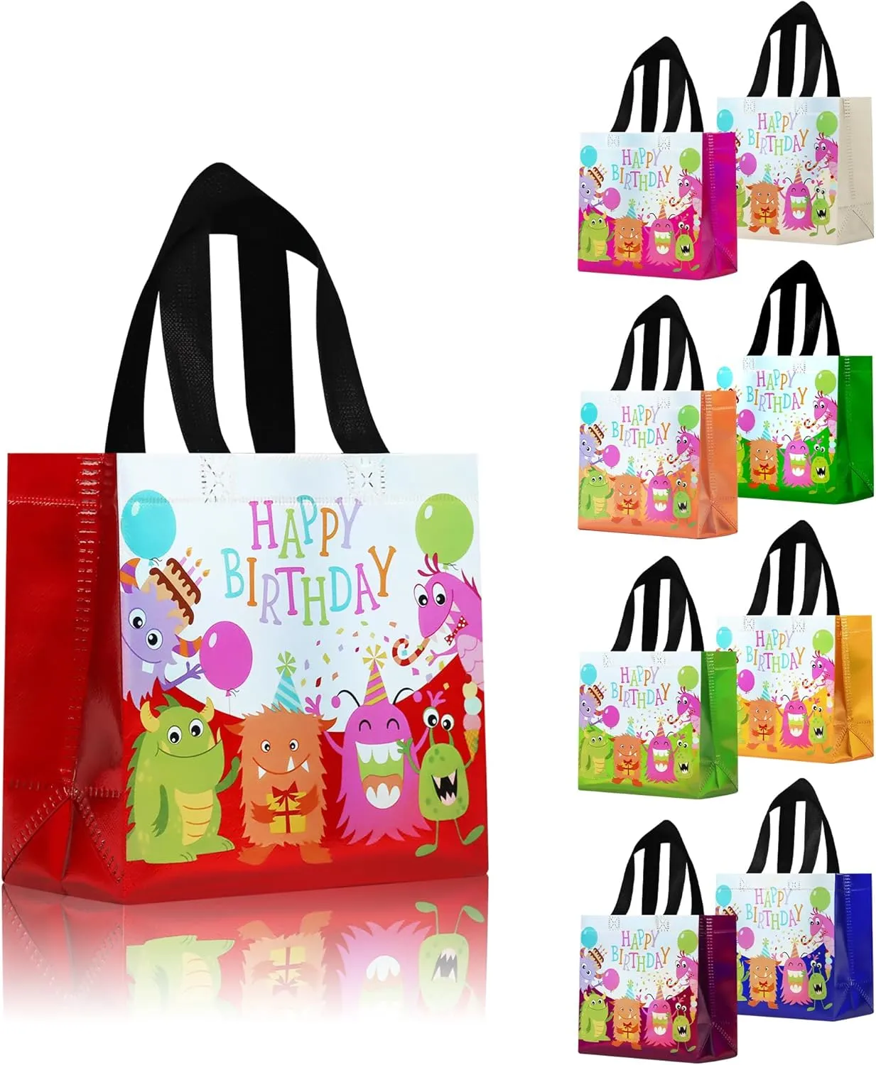 cabzymx Small Birthday Gift Bags with 9 colors, 9 Pcs Cartoon Pattern Happy Birthday Party Bags with Bases for Girls, Boys- Multicolor