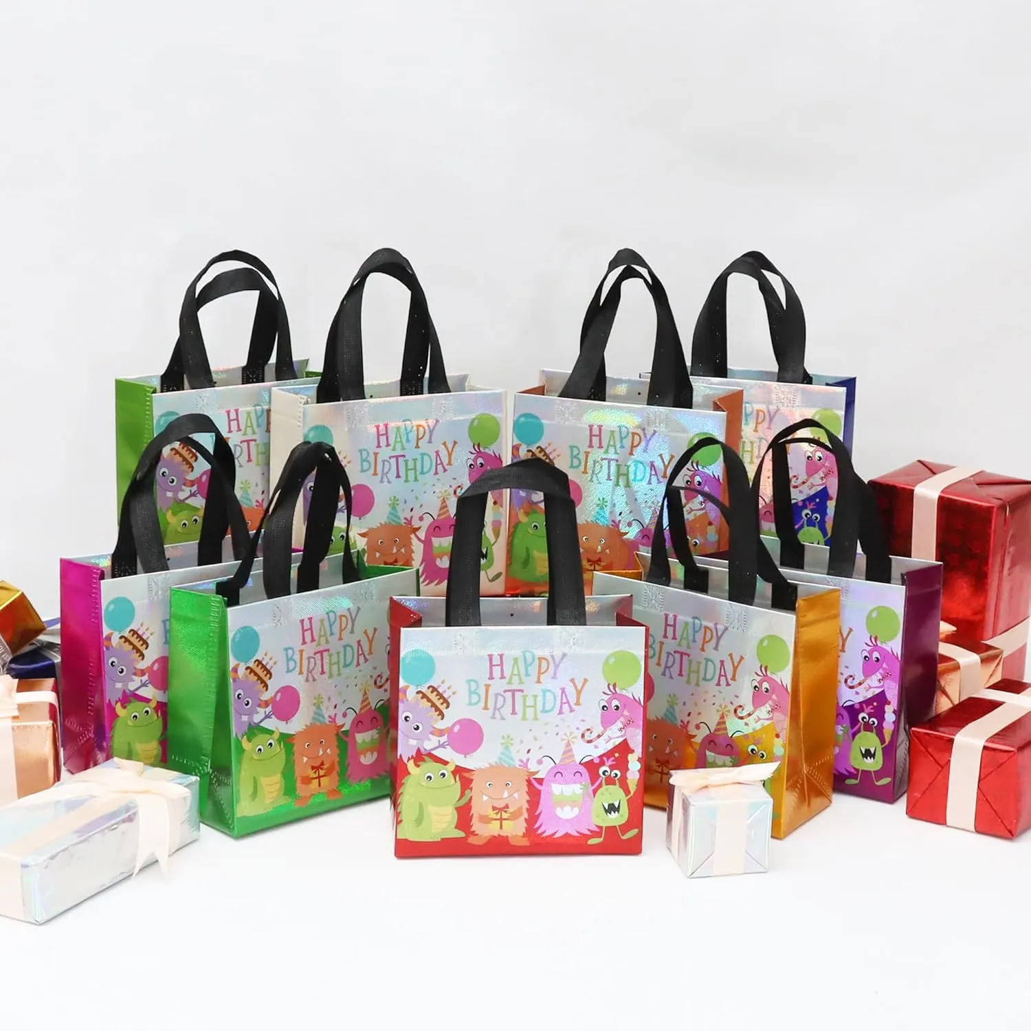 cabzymx Small Birthday Gift Bags with 9 colors, 9 Pcs Cartoon Pattern Happy Birthday Party Bags with Bases for Girls, Boys- Multicolor