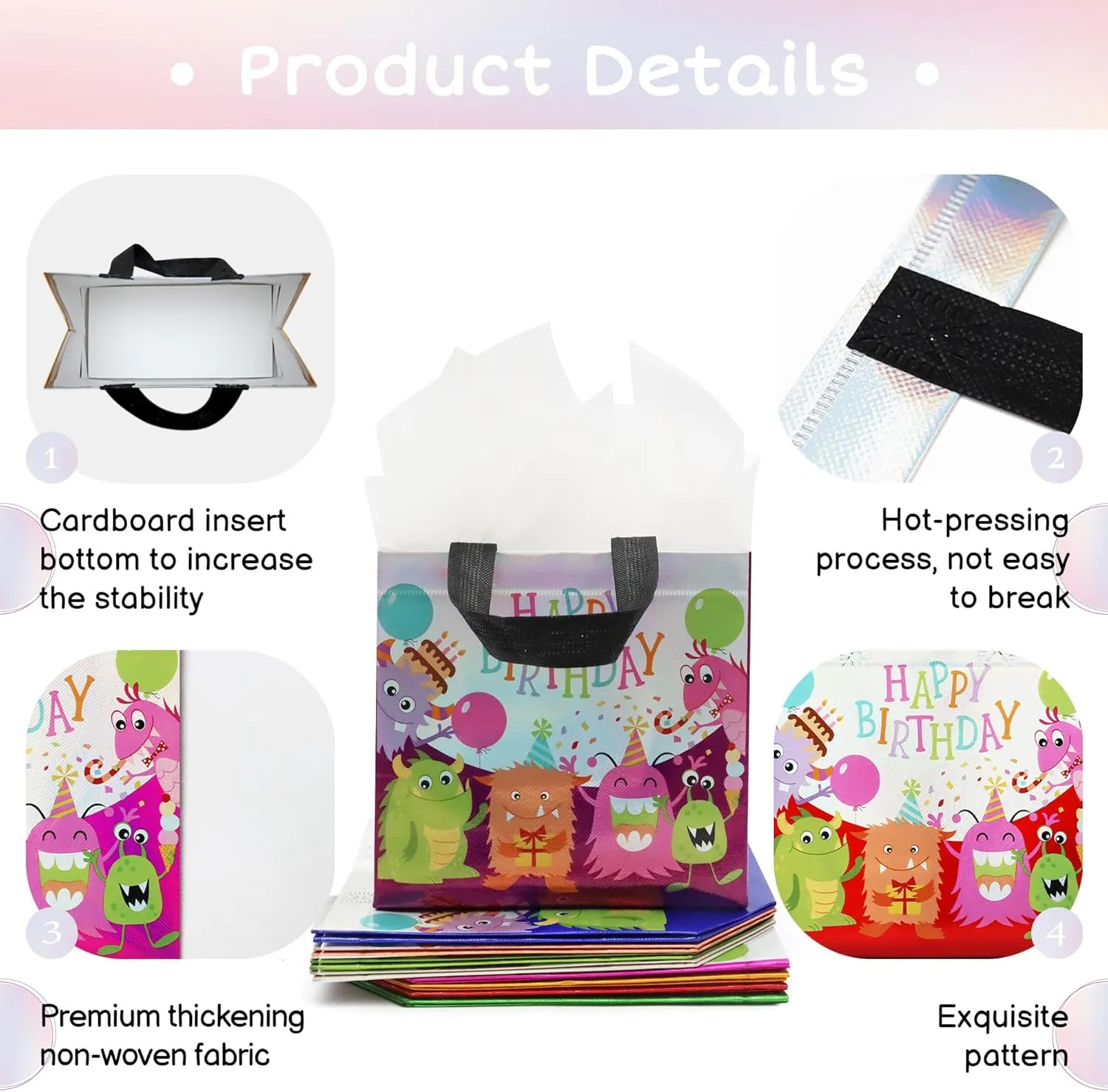 cabzymx Small Birthday Gift Bags with 9 colors, 9 Pcs Cartoon Pattern Happy Birthday Party Bags with Bases for Girls, Boys- Multicolor