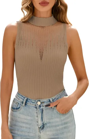 Cakulo Womens Summer Sleeveless Ribbed Tank Tops Sweater Vest 2025 Mock Neck Basic Sheer Knit Top Fitted Shirts