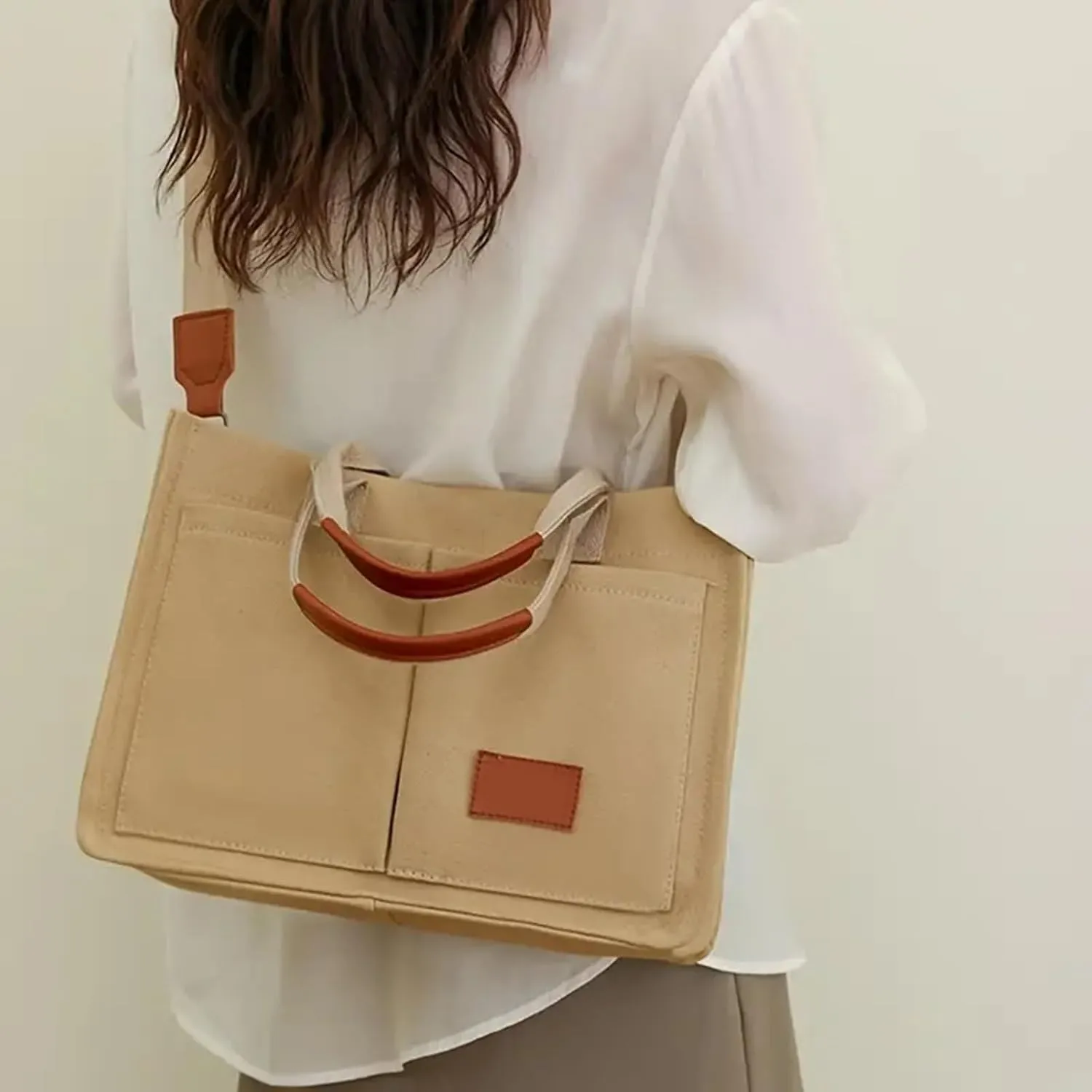Canvas Bags For Women Solid Color Large Capacity Exterior Pockets Ladies Bag Leopard Print Tote Bags