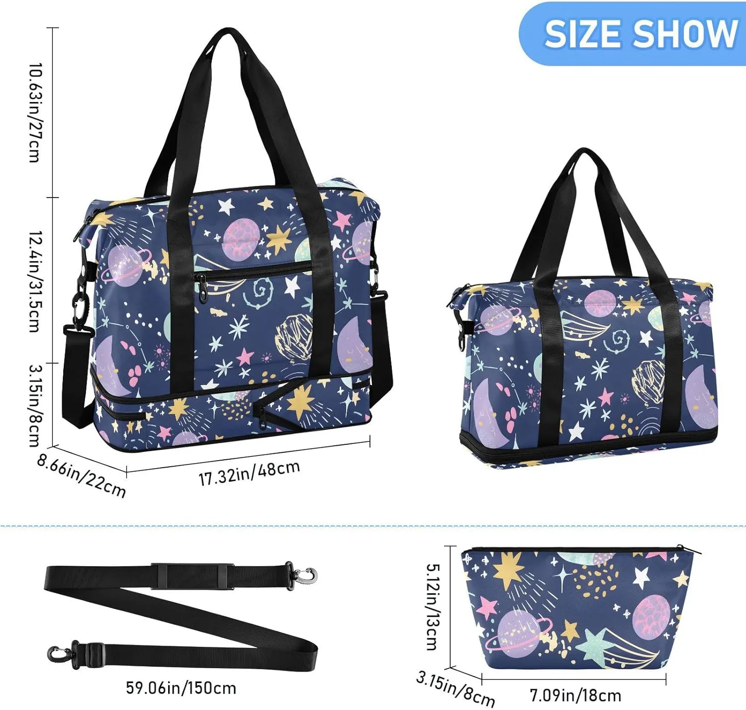 Cartoon Cosmic Cute Planets Moon Underseat Bag Expandable Carry on Travel Bag with Wet Pocket and Shoes Compartment