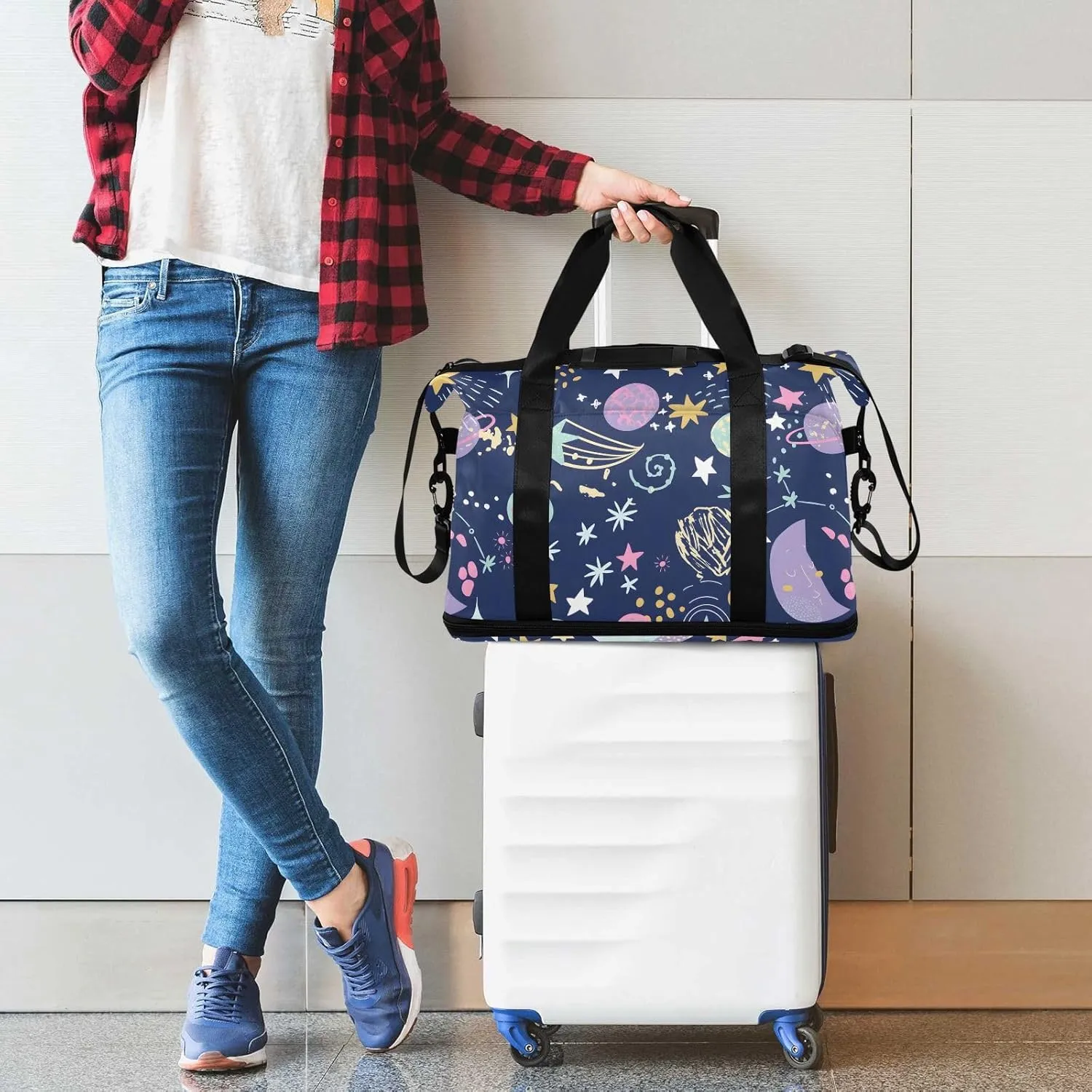 Cartoon Cosmic Cute Planets Moon Underseat Bag Expandable Carry on Travel Bag with Wet Pocket and Shoes Compartment