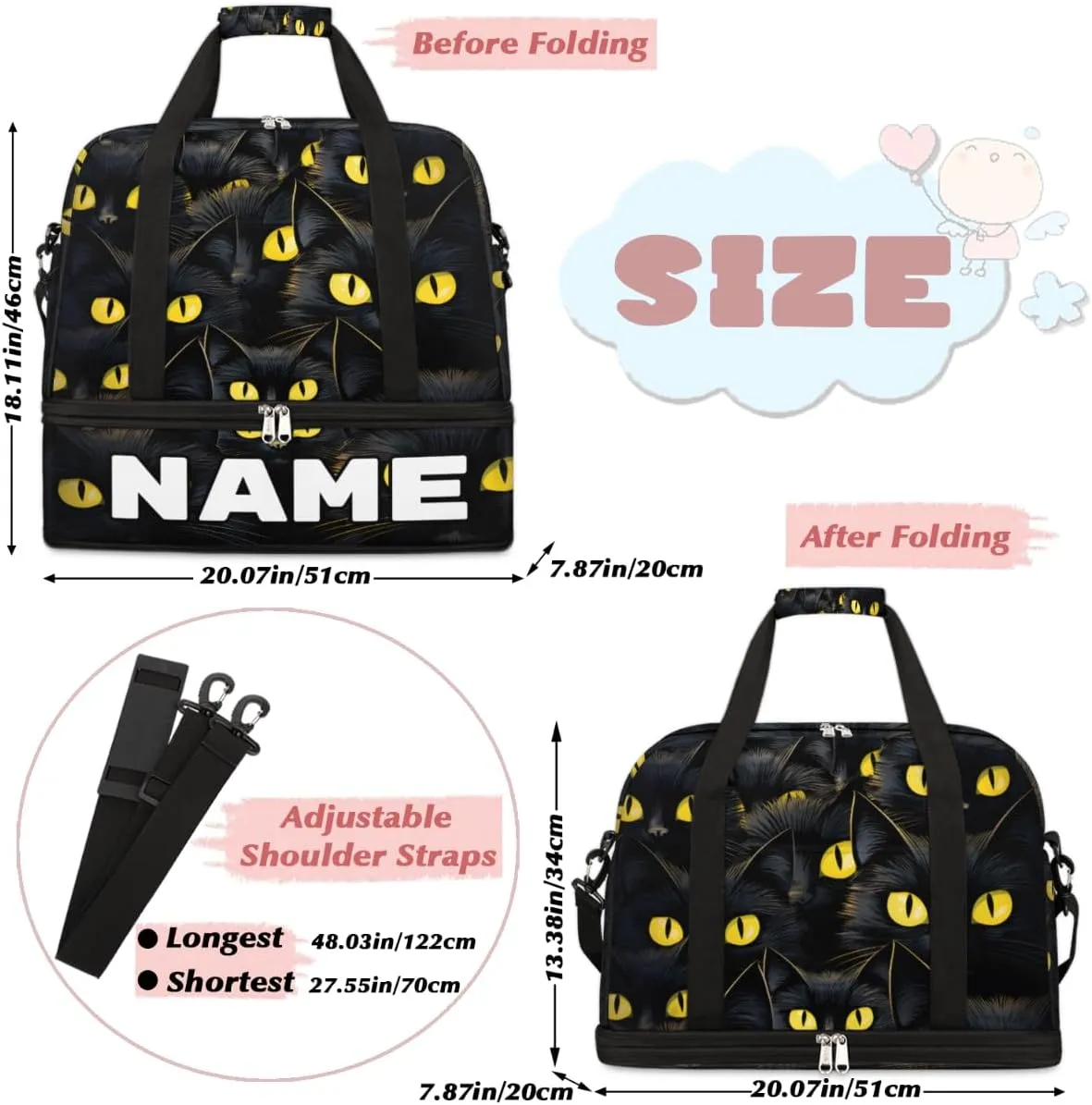 Cat Animal Custom Foldable Duffle Bag with Shoes Compartment Personalized Large Capacity Waterproof Travel Weekender Bag Overnight Bag for Sports Gym