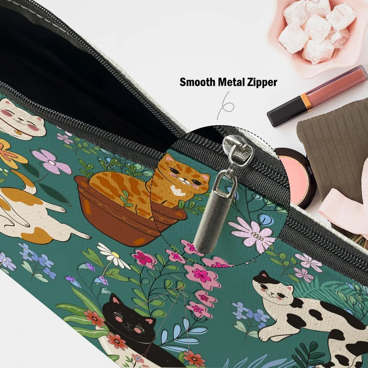 Cat Lover Gifts, Cat Gifts Cute Garden Cat Makeup Bag, Cat Themed Gifts Cosmetic Bag Travel Pouch, Cat Owner Gifts for Women Girls Daughter Best Friend Cat Gift Friendship Graduation Birthday Gifts