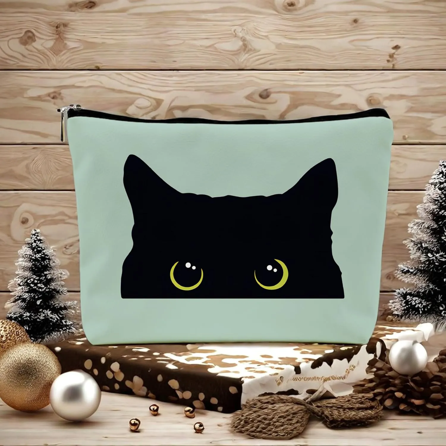 Cat Makeup Bag - Black Kitty Kitten Cosmetic Bag for Women, Cat Mom Gift (Greener Pu Leather)