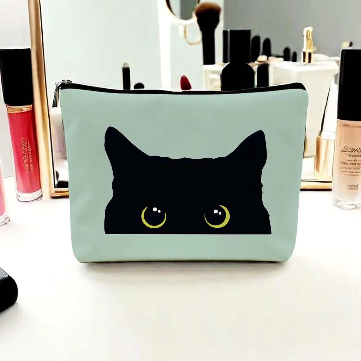 Cat Makeup Bag - Black Kitty Kitten Cosmetic Bag for Women, Cat Mom Gift (Greener Pu Leather)