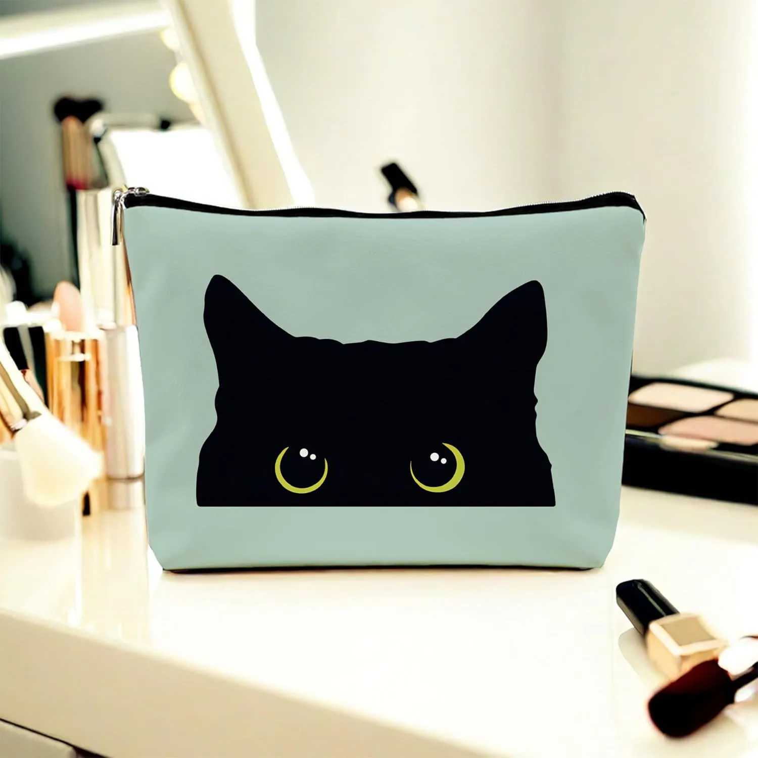 Cat Makeup Bag - Black Kitty Kitten Cosmetic Bag for Women, Cat Mom Gift (Greener Pu Leather)