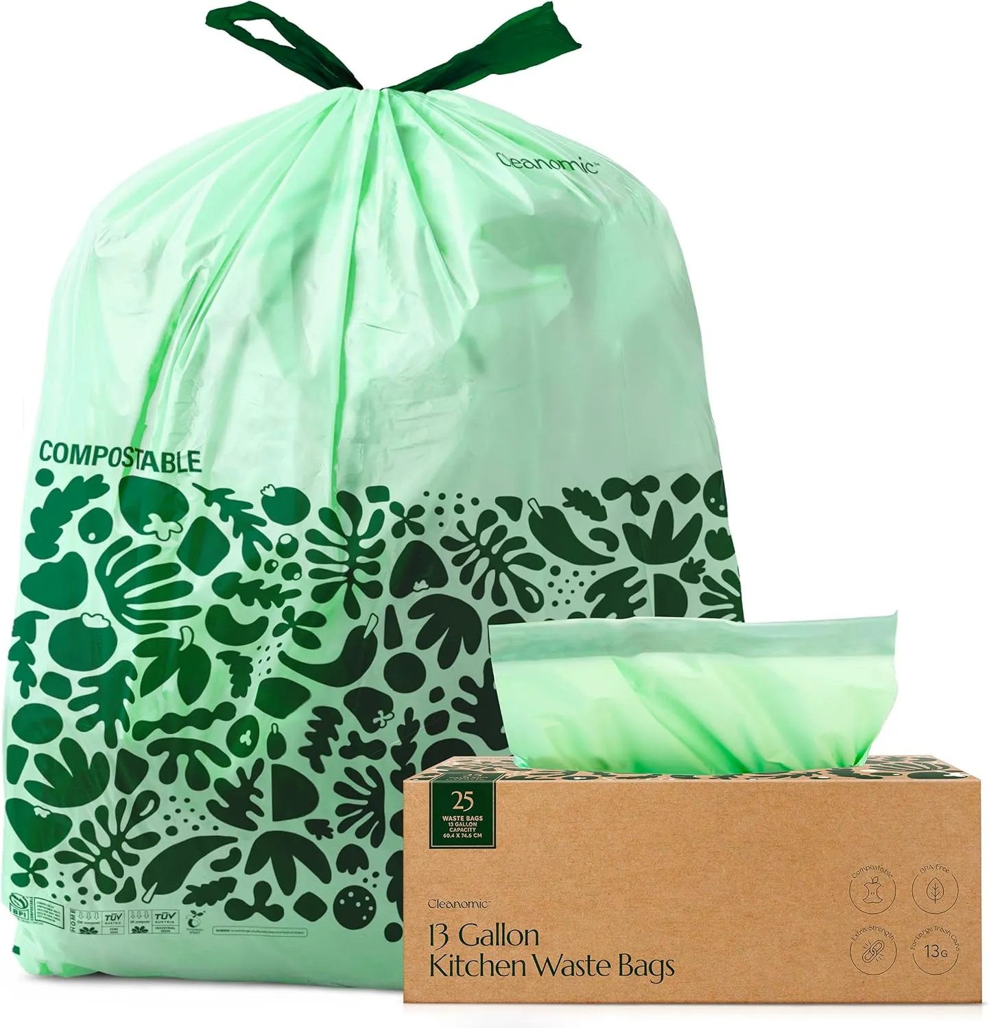 Cleanomic Compostable* Trash Bags with Drawstring (13 Gallon, 25 Units, Tall), BPI Certified For Kitchen Compost