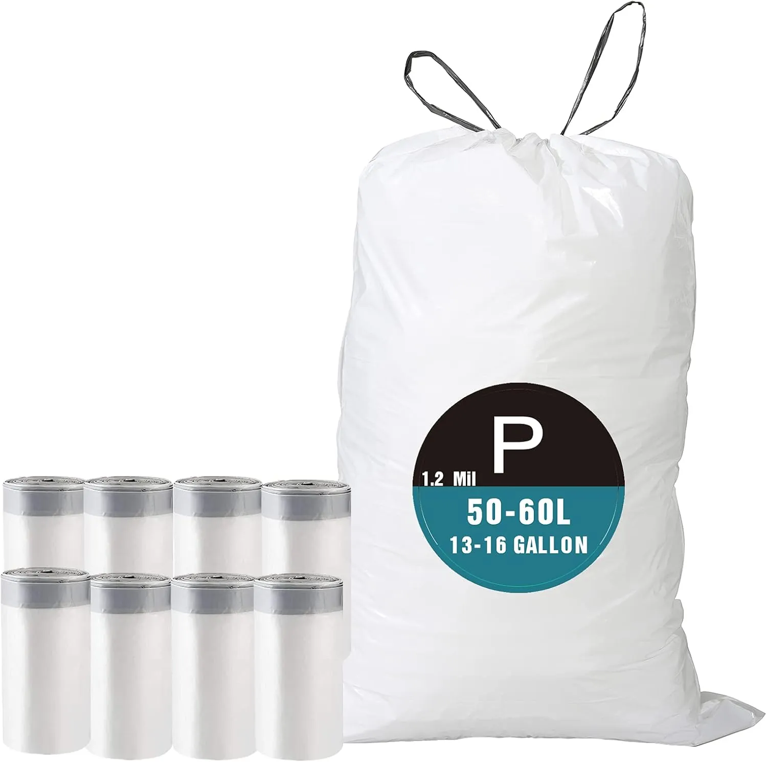 Code P (50 Count) 13-16 Gallon Heavy Duty Drawstring Plastic Trash Bags Compatible with simplehuman Code P | 1.2 Mil | White Drawstring Garbage Liners 13-16 Gallon/50-60 Liter