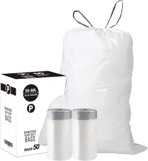 Code P (50 Count) 13-16 Gallon Heavy Duty Drawstring Plastic Trash Bags Compatible with simplehuman Code P | 1.2 Mil | White Drawstring Garbage Liners 13-16 Gallon/50-60 Liter