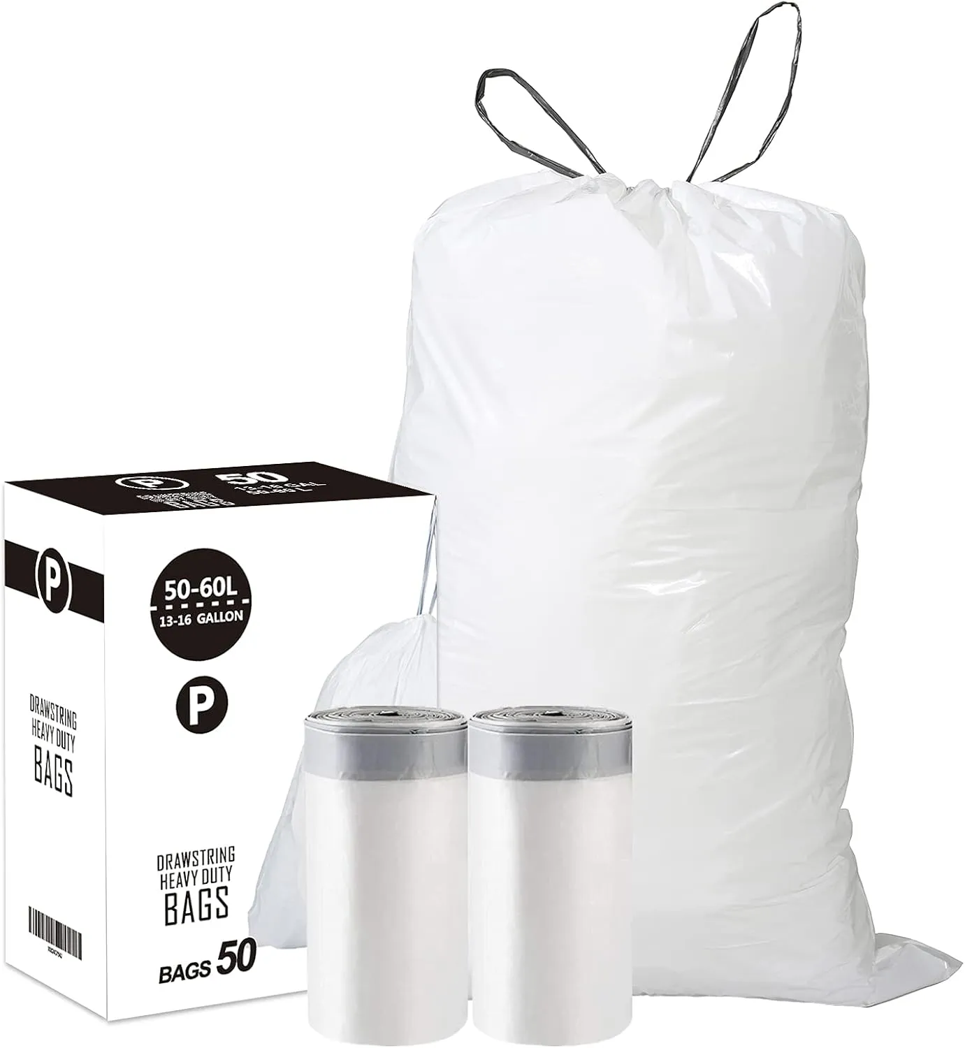 Code P (50 Count) 13-16 Gallon Heavy Duty Drawstring Plastic Trash Bags Compatible with simplehuman Code P | 1.2 Mil | White Drawstring Garbage Liners 13-16 Gallon/50-60 Liter