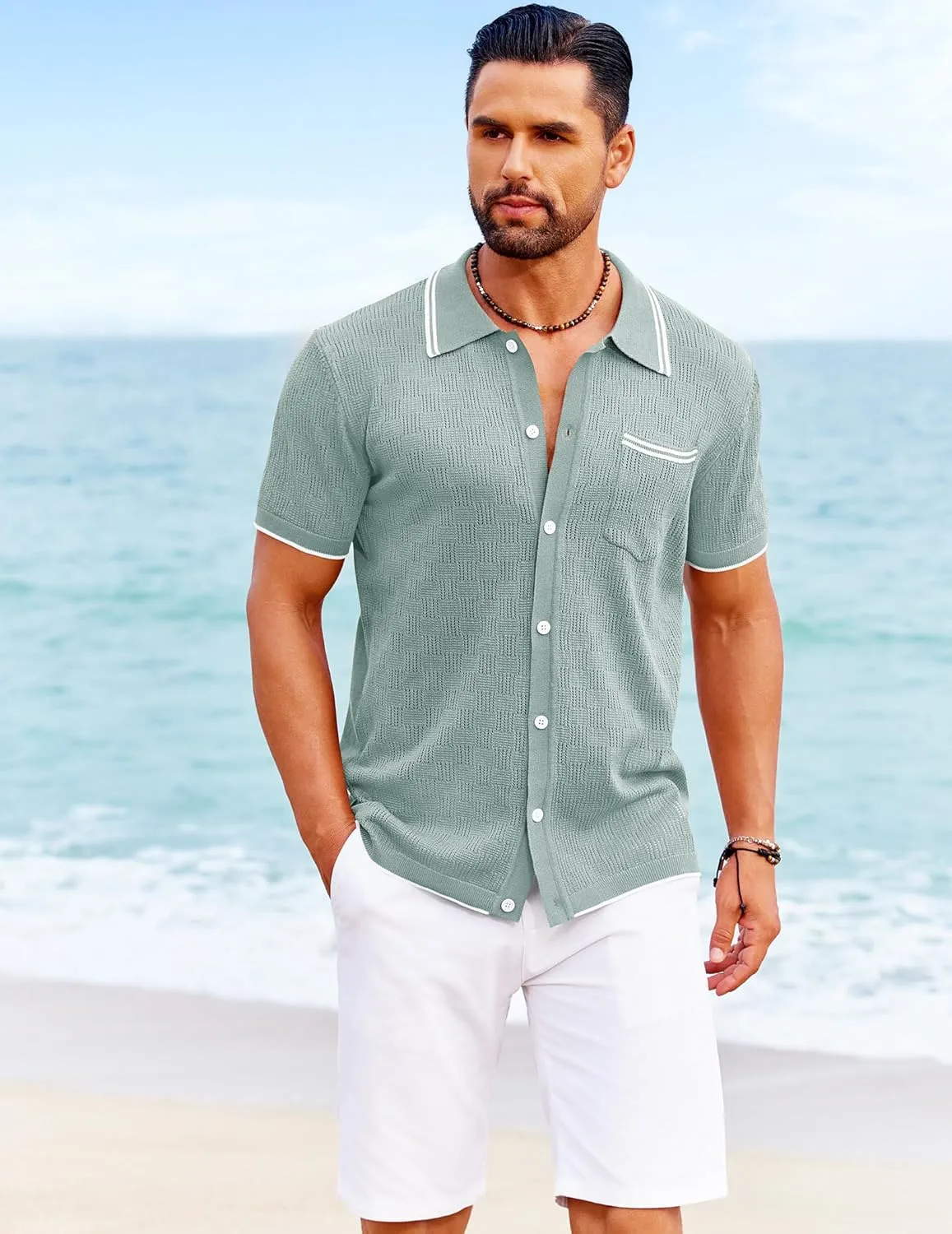 COOFANDY Men's Knit Button Down Shirt Vintage Polo Shirts Short Sleeve Summer Beach Shirts