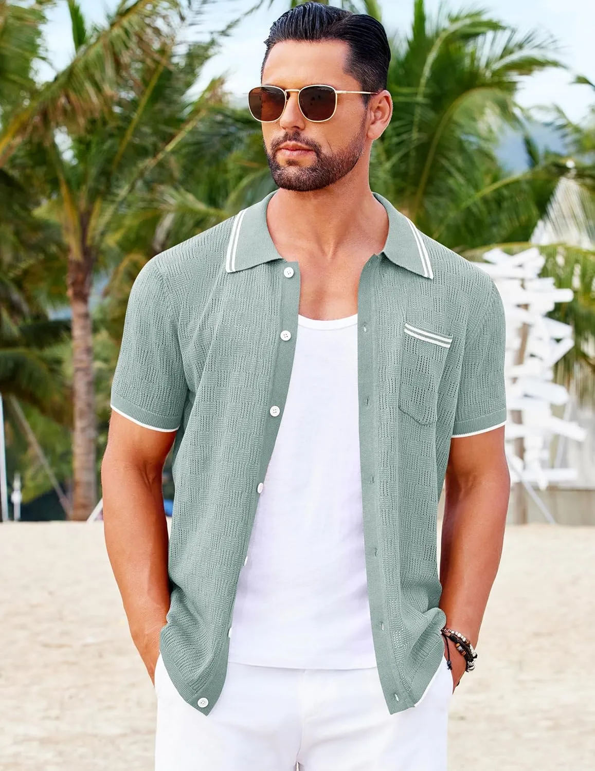 COOFANDY Men's Knit Button Down Shirt Vintage Polo Shirts Short Sleeve Summer Beach Shirts