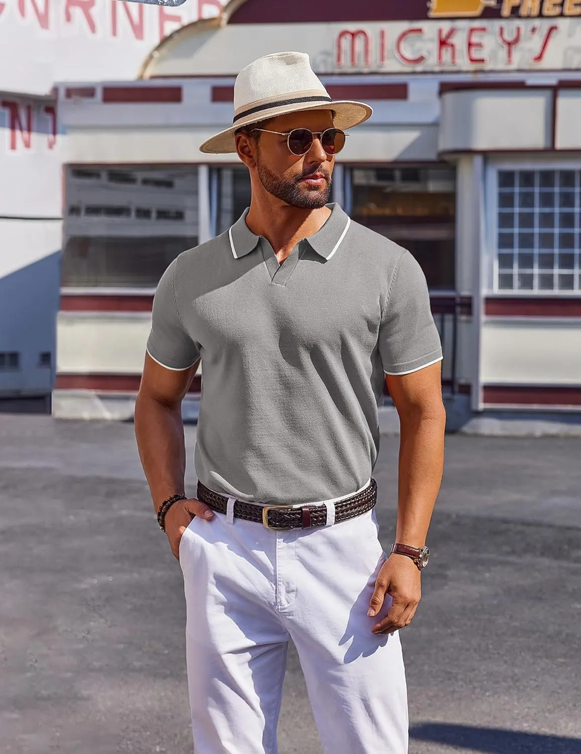 COOFANDY Mens Polo Shirts Short Sleeve Casual Knit Polo Shirt Vintage Golf T Shirts Old Money Tops