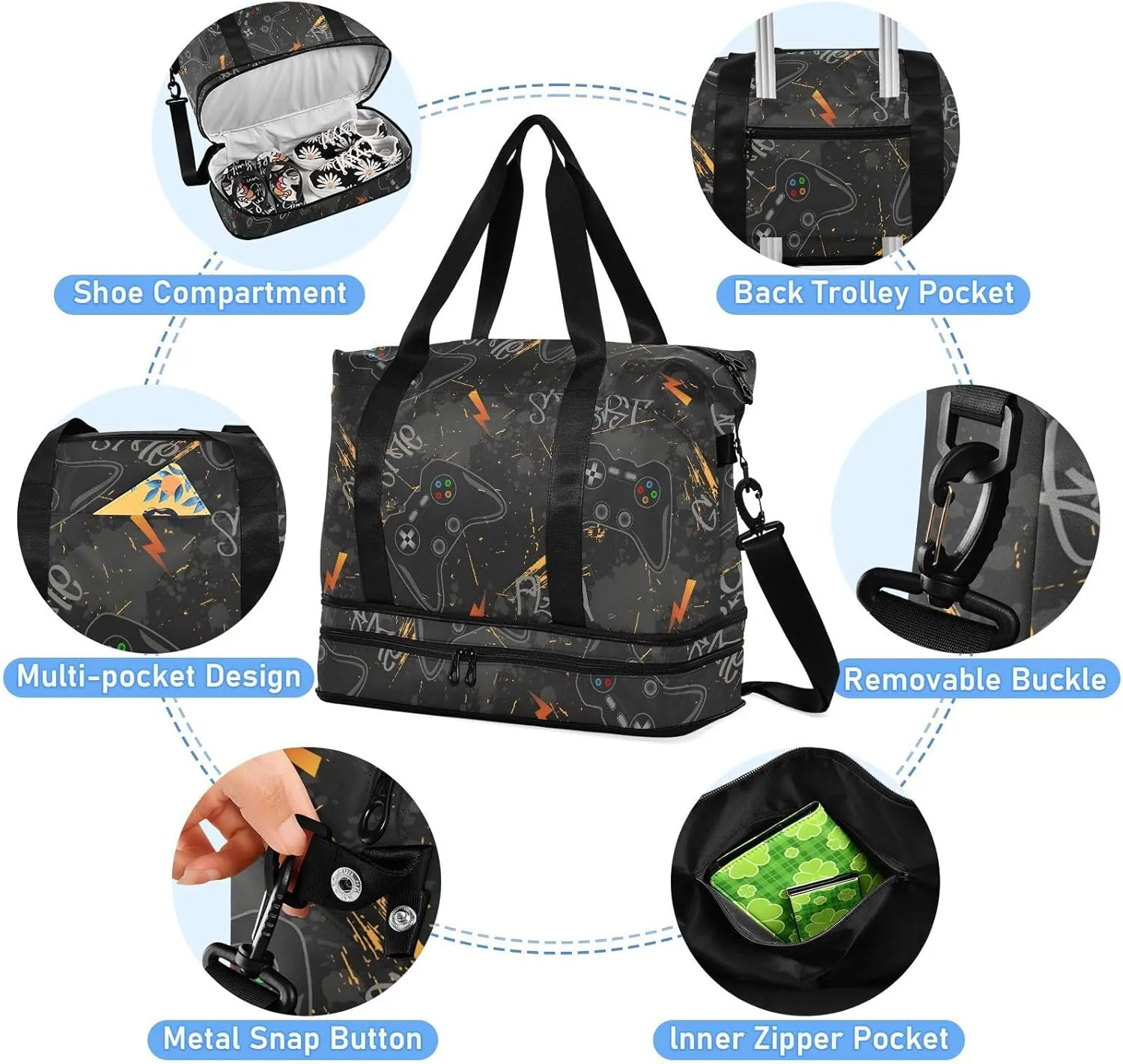 Cool Gaming Controllers Gray Travel Duffel Bags Expandable Mens Weekender Travel Bag with Wet Pocket and Shoes Compartment