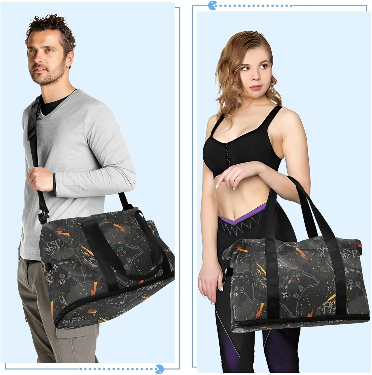 Cool Gaming Controllers Gray Travel Duffel Bags Expandable Mens Weekender Travel Bag with Wet Pocket and Shoes Compartment