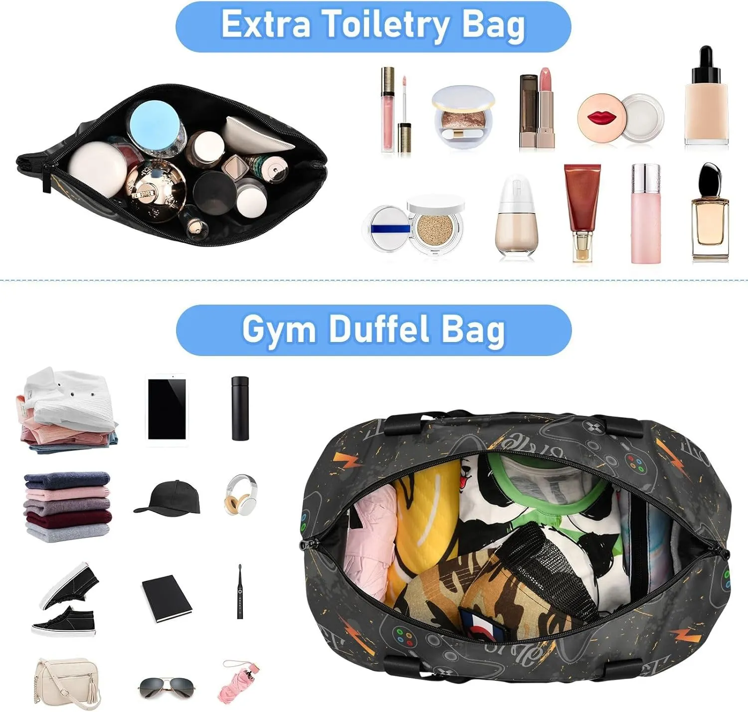 Cool Gaming Controllers Gray Travel Duffel Bags Expandable Mens Weekender Travel Bag with Wet Pocket and Shoes Compartment