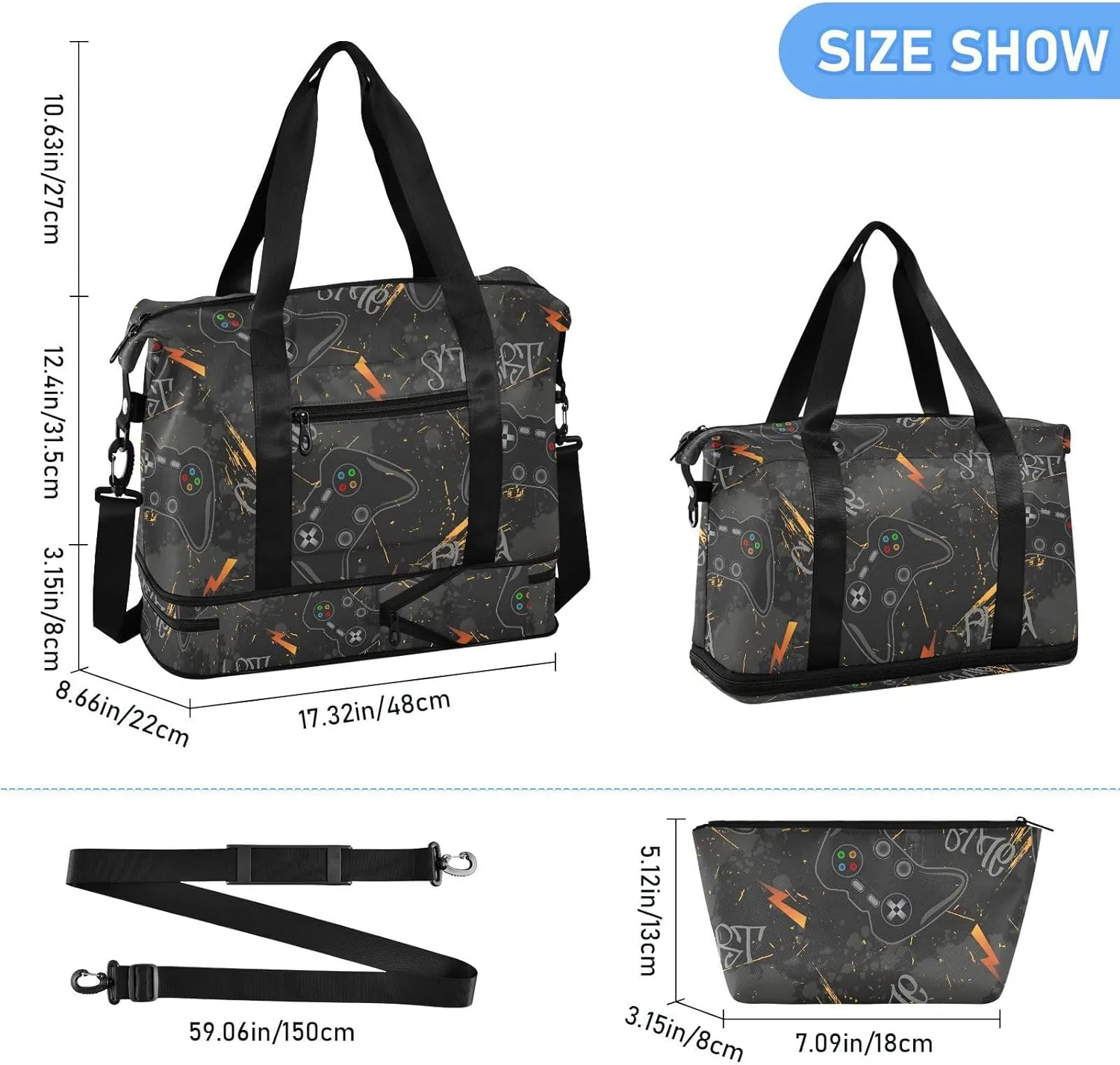 Cool Gaming Controllers Gray Travel Duffel Bags Expandable Mens Weekender Travel Bag with Wet Pocket and Shoes Compartment