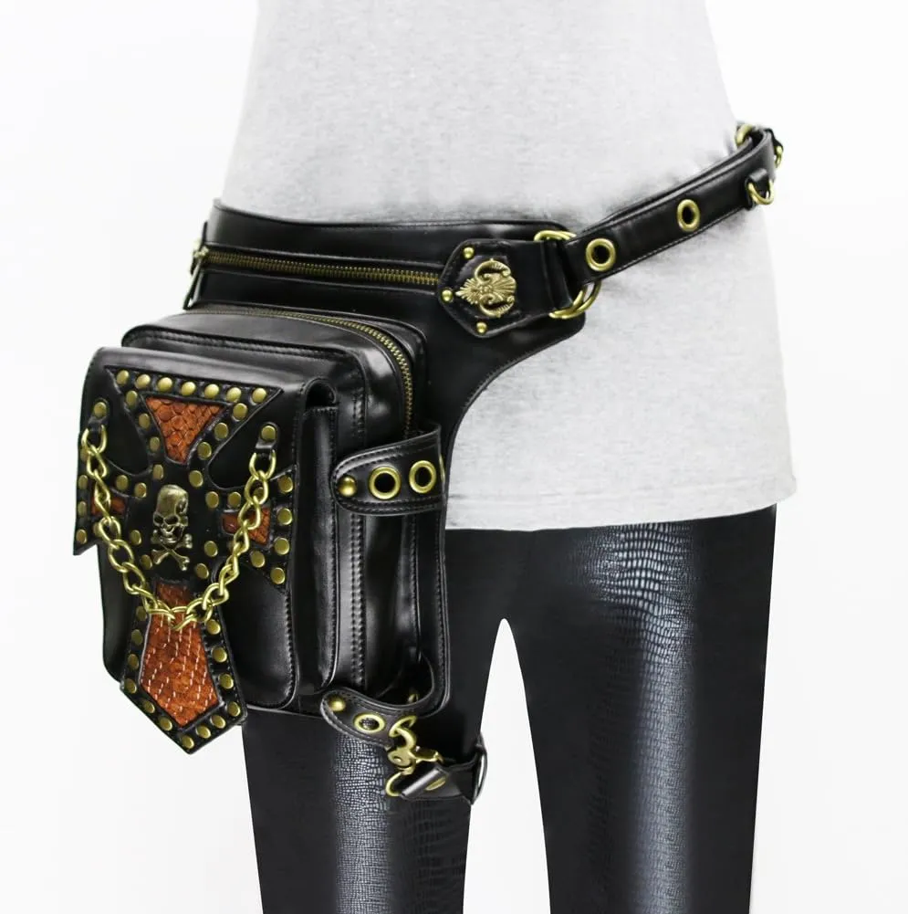Cool Steampunk Waist Bags Goth Hip Holster Shoulder Back Bags PU Leather Men Bags For Traveling