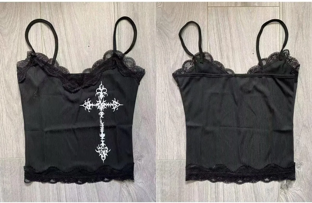 Coquette Lace Crop Tops 2000s Spaghetti Strap Tops Y2k Goth Grunge Emo Top Women Vintage Camisole