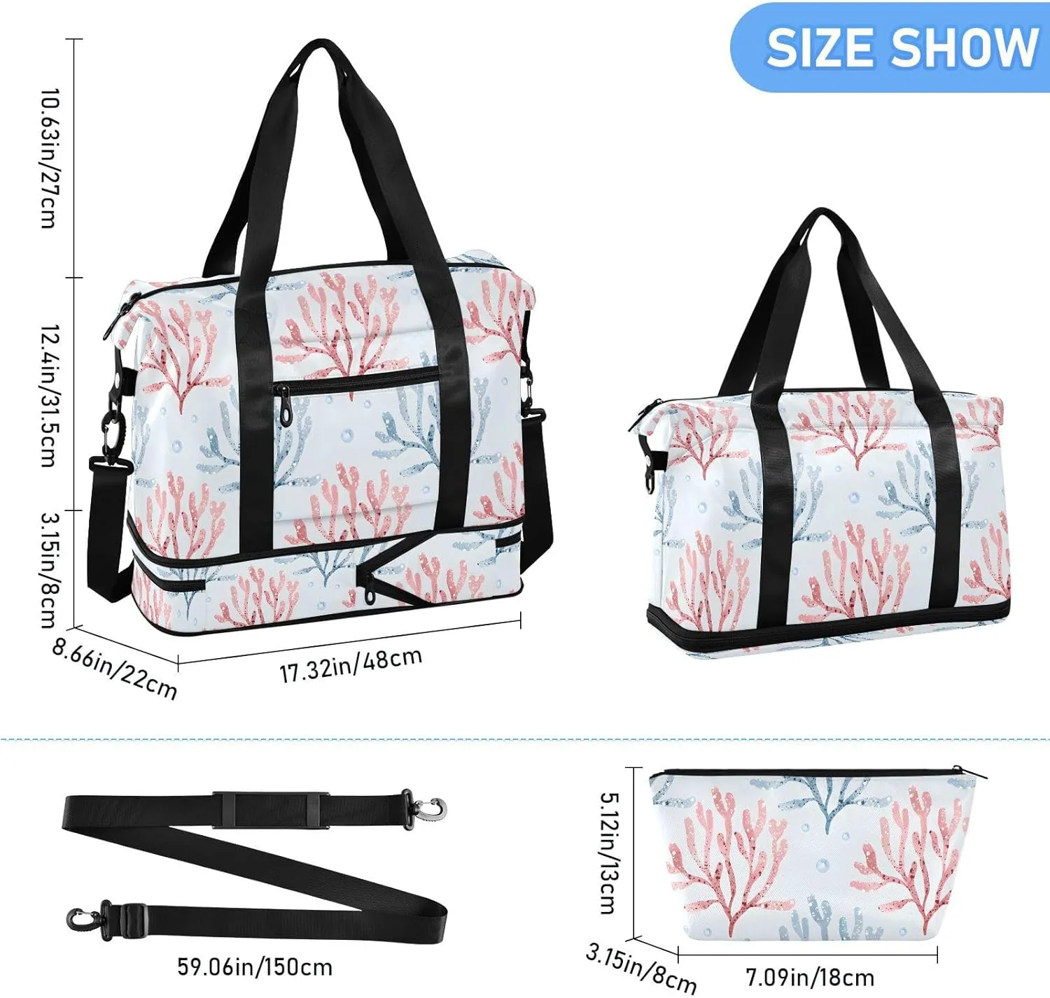 Corals Plants Sports Bag Expandable Weekender Travel Bag with Wet Pocket and Shoes Compartment