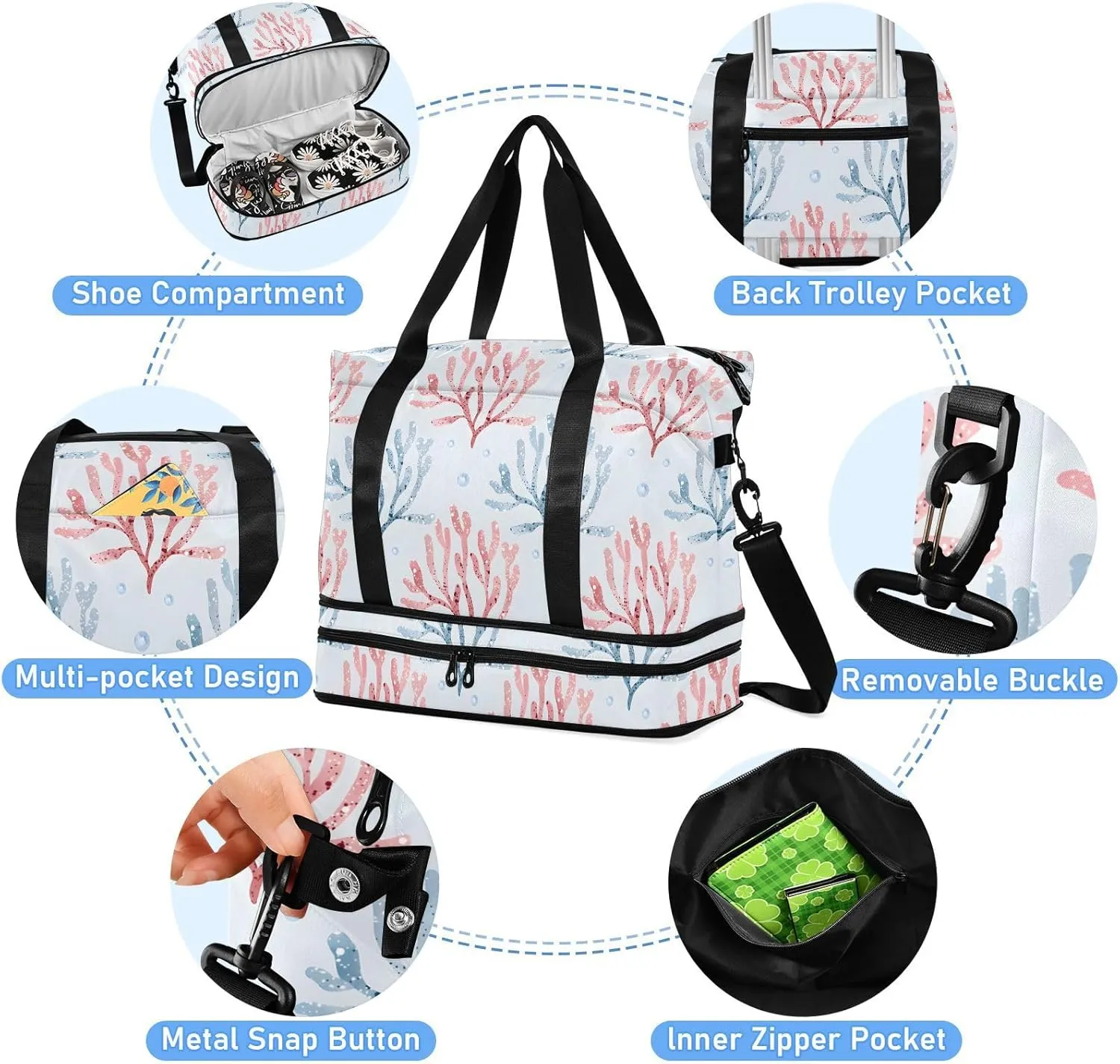 Corals Plants Sports Bag Expandable Weekender Travel Bag with Wet Pocket and Shoes Compartment