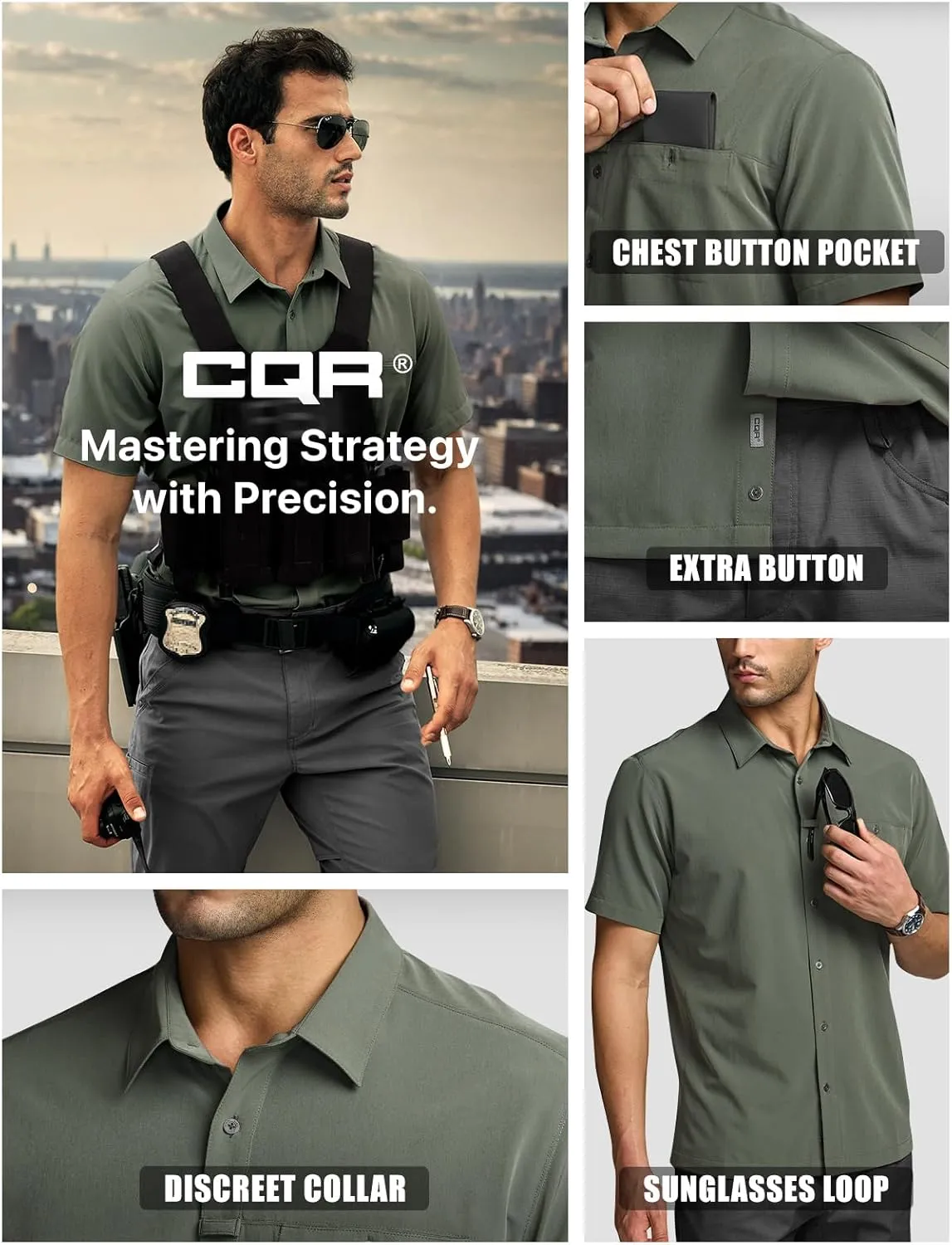 CQR Men's Short Sleeve Tactical Shirts, UPF 50  Ripstop Military Work Shirts, Breathable Button Down Outdoor Hiking Shirt