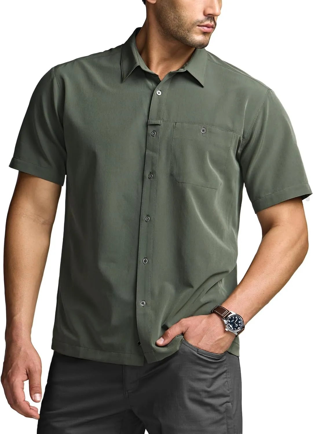 CQR Men's Short Sleeve Tactical Shirts, UPF 50  Ripstop Military Work Shirts, Breathable Button Down Outdoor Hiking Shirt