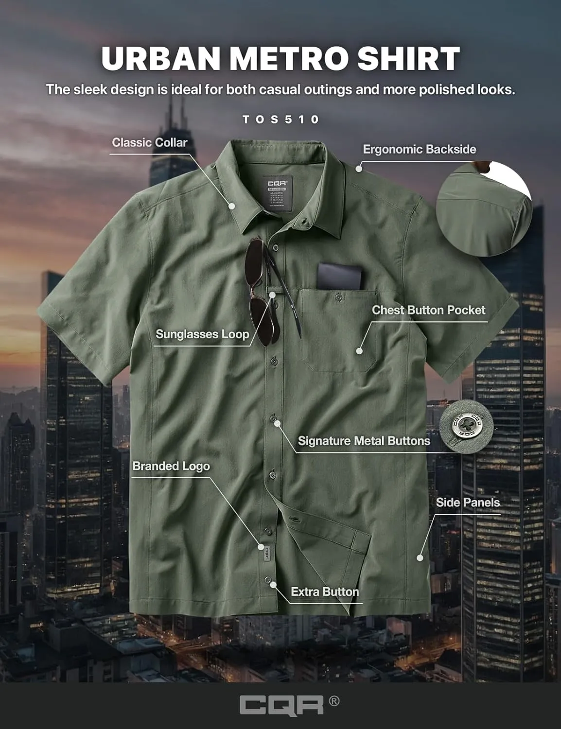CQR Men's Short Sleeve Tactical Shirts, UPF 50  Ripstop Military Work Shirts, Breathable Button Down Outdoor Hiking Shirt