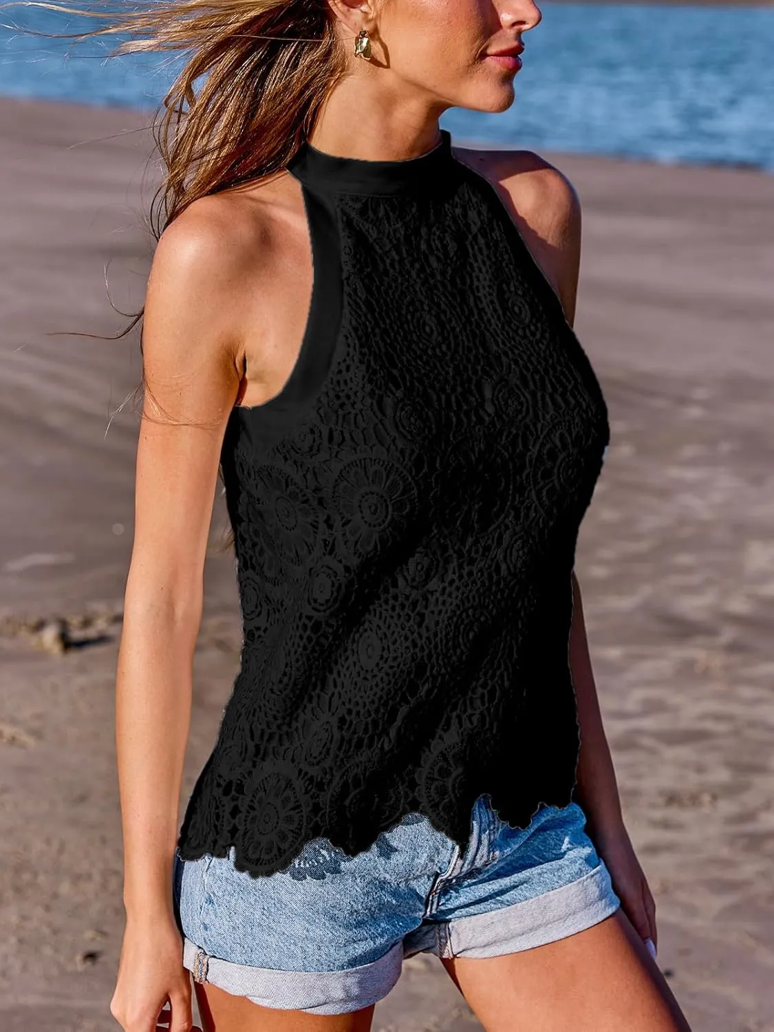 CUPSHE Women's Tank Tops Hollow Out Lace Boho Blouse Eyelet Embroidery Sleeveless Tops Shirts