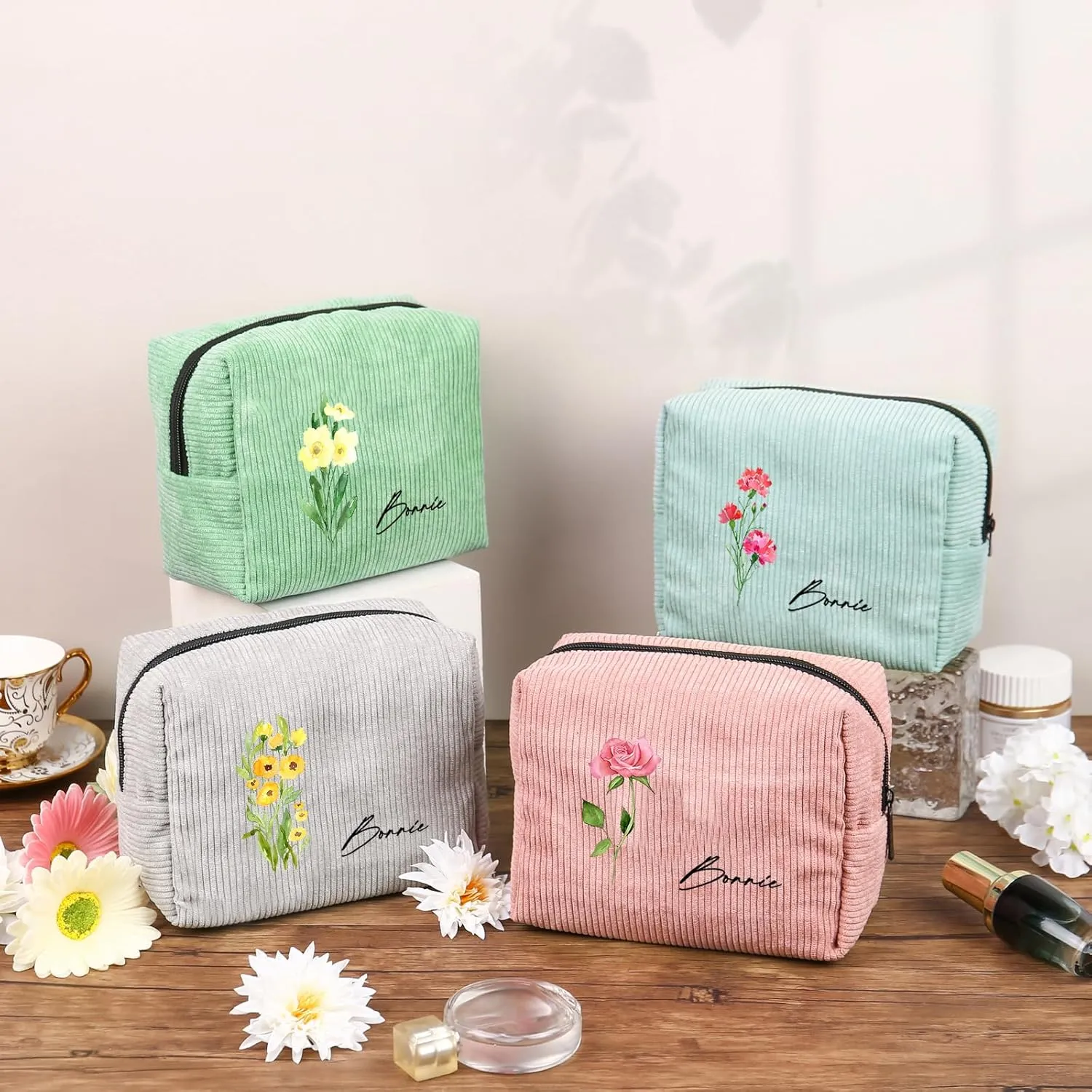 Custom Name Makeup Bags for Women Personalized Travel Cosmetic Bag with Birth Flower Portable Make Up Bags Customized Gifts for Women Mother Sister (Blue)