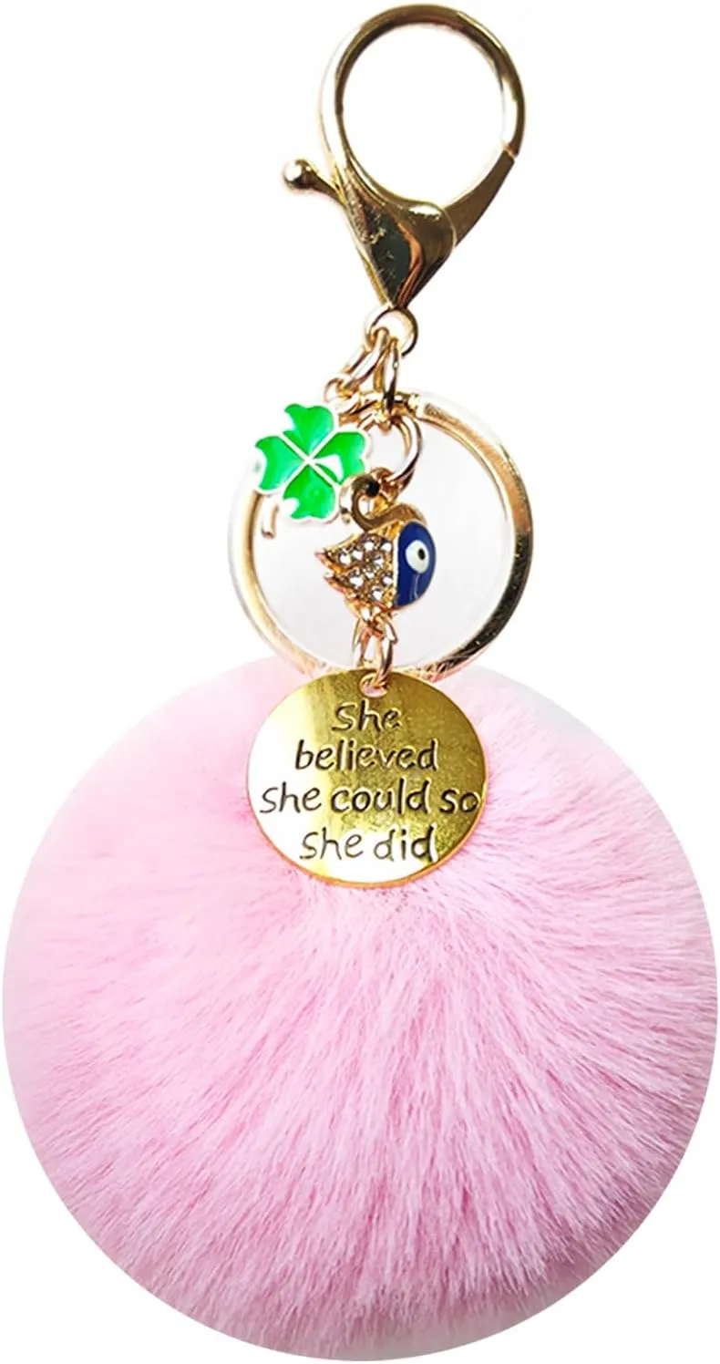 Cute Keychains for Women/Girls, Inspirational Motivational Pom Pom Key Chain Accessories Wristlet Keychain