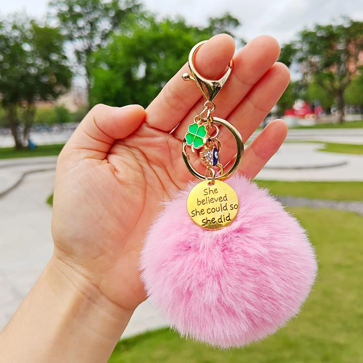 Cute Keychains for Women/Girls, Inspirational Motivational Pom Pom Key Chain Accessories Wristlet Keychain