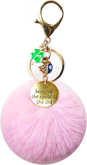 Cute Keychains for Women/Girls, Inspirational Motivational Pom Pom Key Chain Accessories Wristlet Keychain