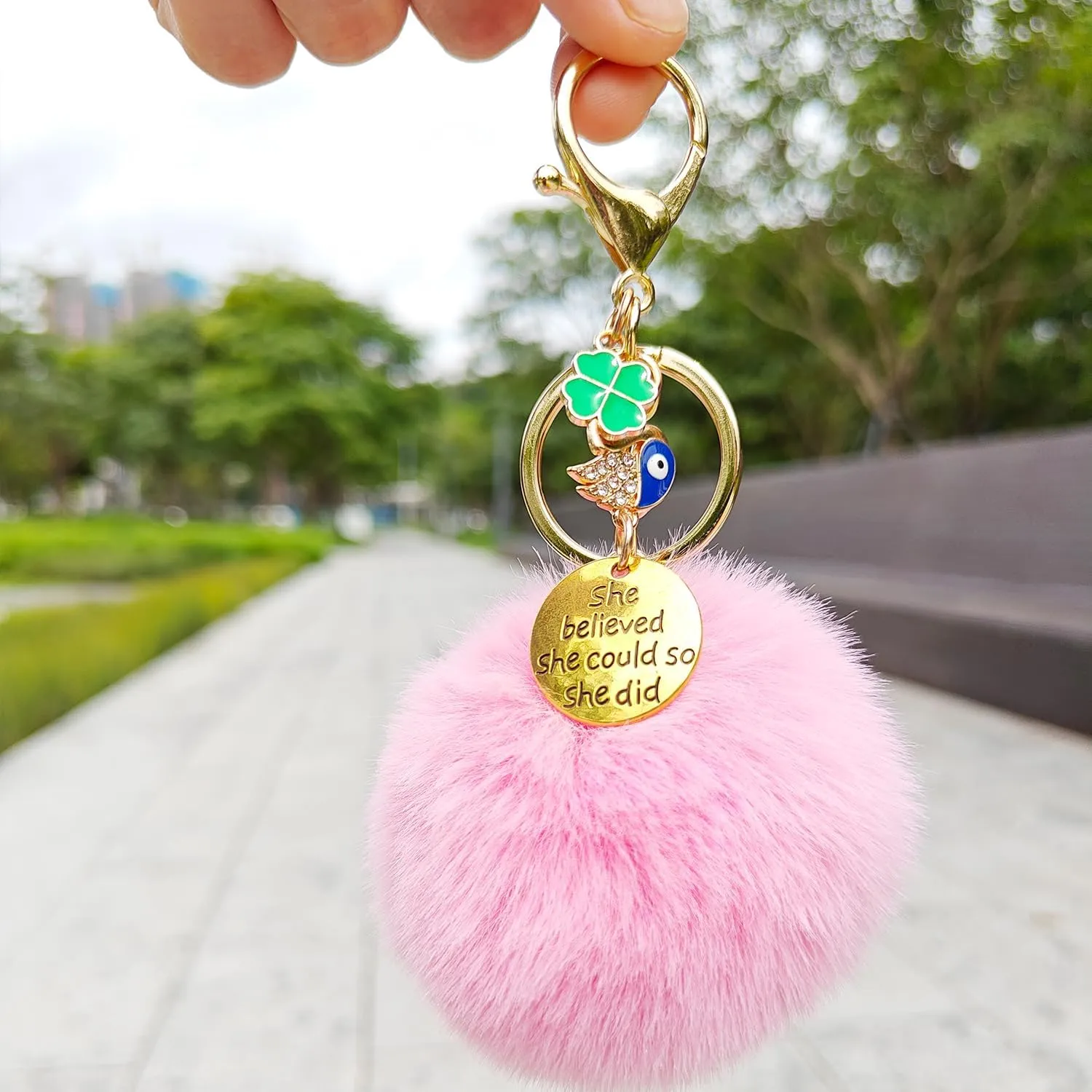 Cute Keychains for Women/Girls, Inspirational Motivational Pom Pom Key Chain Accessories Wristlet Keychain