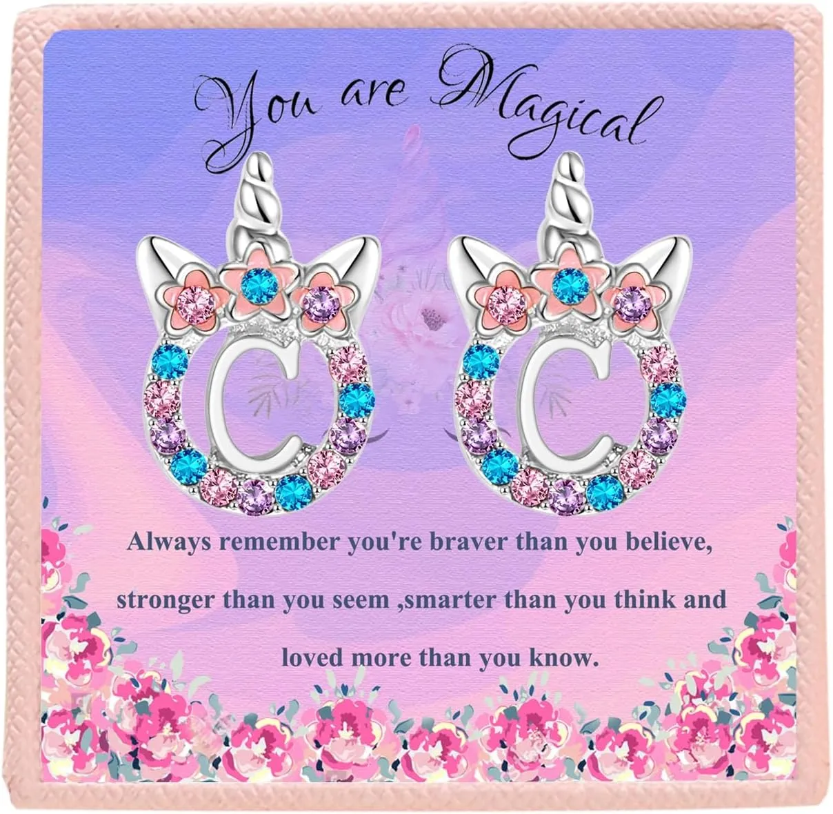 Cute Rose Gold Silver Initial Unicorn Hypoallergenic Stud Earrings Rhinestone Initial Letter Stud Earrings for Girls Unicorns Jewelry Gifts for Kids Toddler