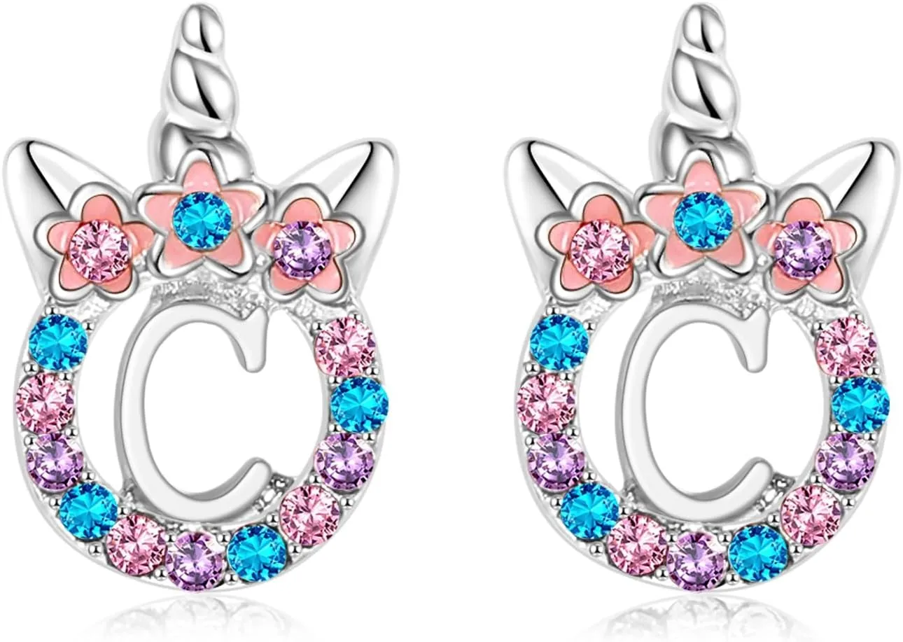 Cute Rose Gold Silver Initial Unicorn Hypoallergenic Stud Earrings Rhinestone Initial Letter Stud Earrings for Girls Unicorns Jewelry Gifts for Kids Toddler