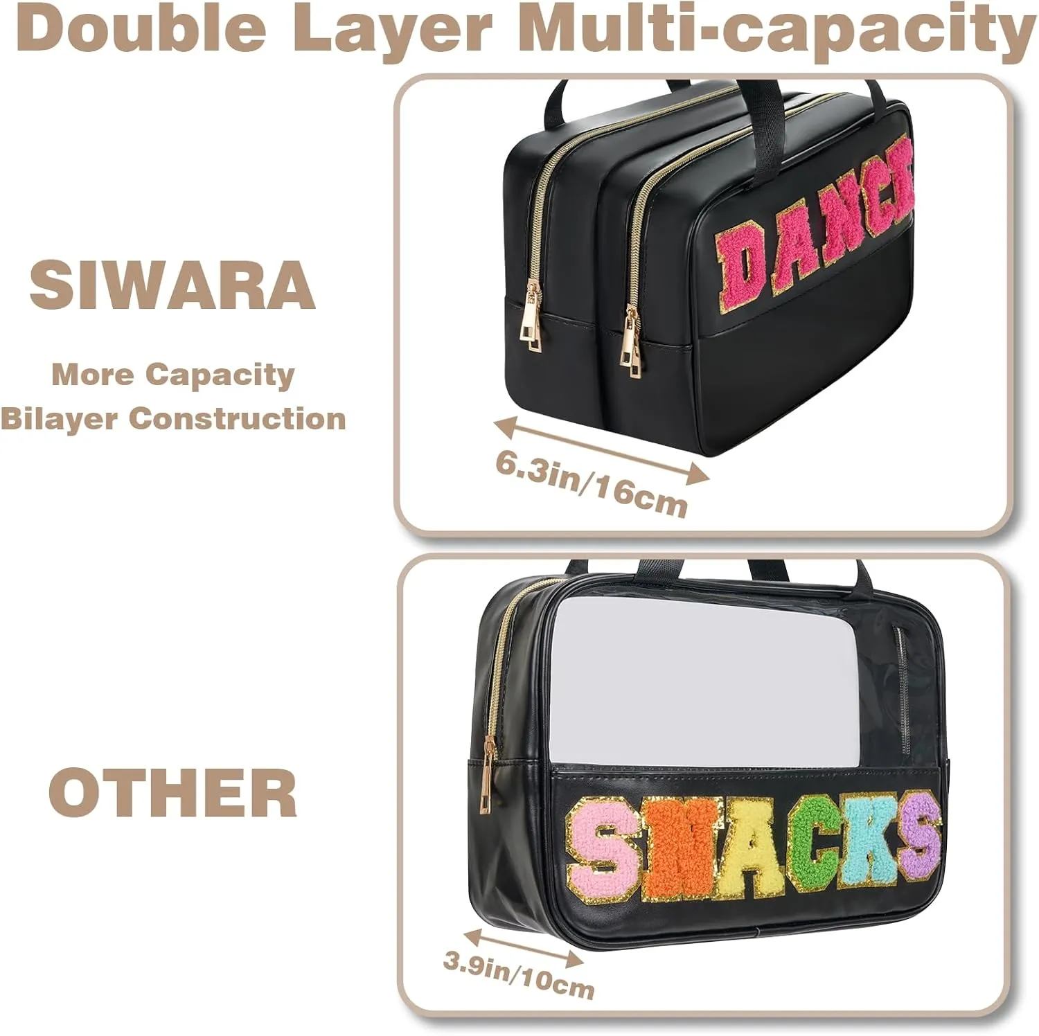 Dance Bag - Clear Makeup Bag, Varsity Letter Pouch, Dance Competition Accessories, Travel Toiletry Bag