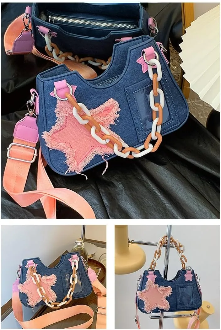 Denim Small Crossbody Purse Hobo Bags for Women Cute Y2K Star Bags Kawaii Bags Shoulder Bag