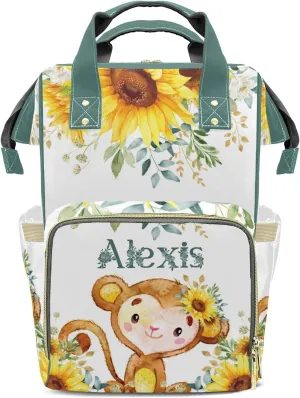 Diaper Bags Sunflower Monkey Animal Tote Bags Backpack with Name Mommy Nursing Bags Gifts for Women Men