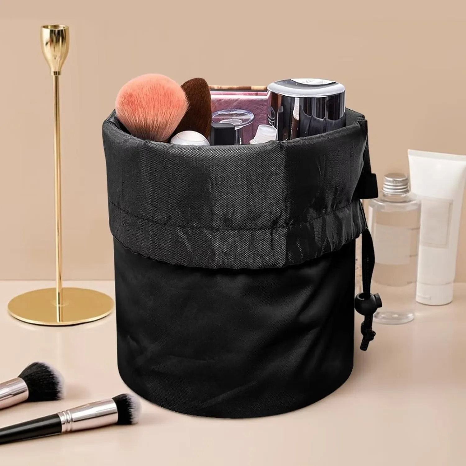 Dolyues Cute Rabbit Cosmetic Bag Portable Makeup Organizer Bag for Women Large Bucket Toiletry Bag Portable Collapsible Drawstring Travel Organizer Bag Beauty Bag