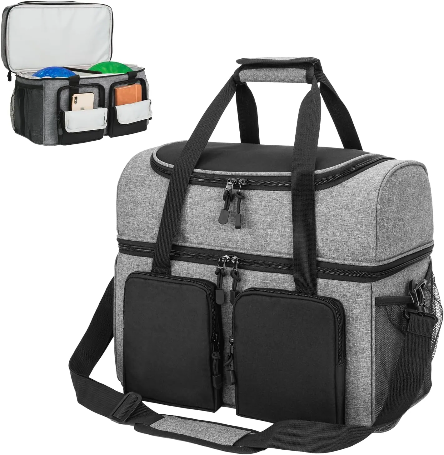Double Bowling Ball Bag - 2 Ball Capacity, Side Pockets, Back Compartment & Padded Cushion - Fits Men's Size 16 Bowling Shoes & Accessories