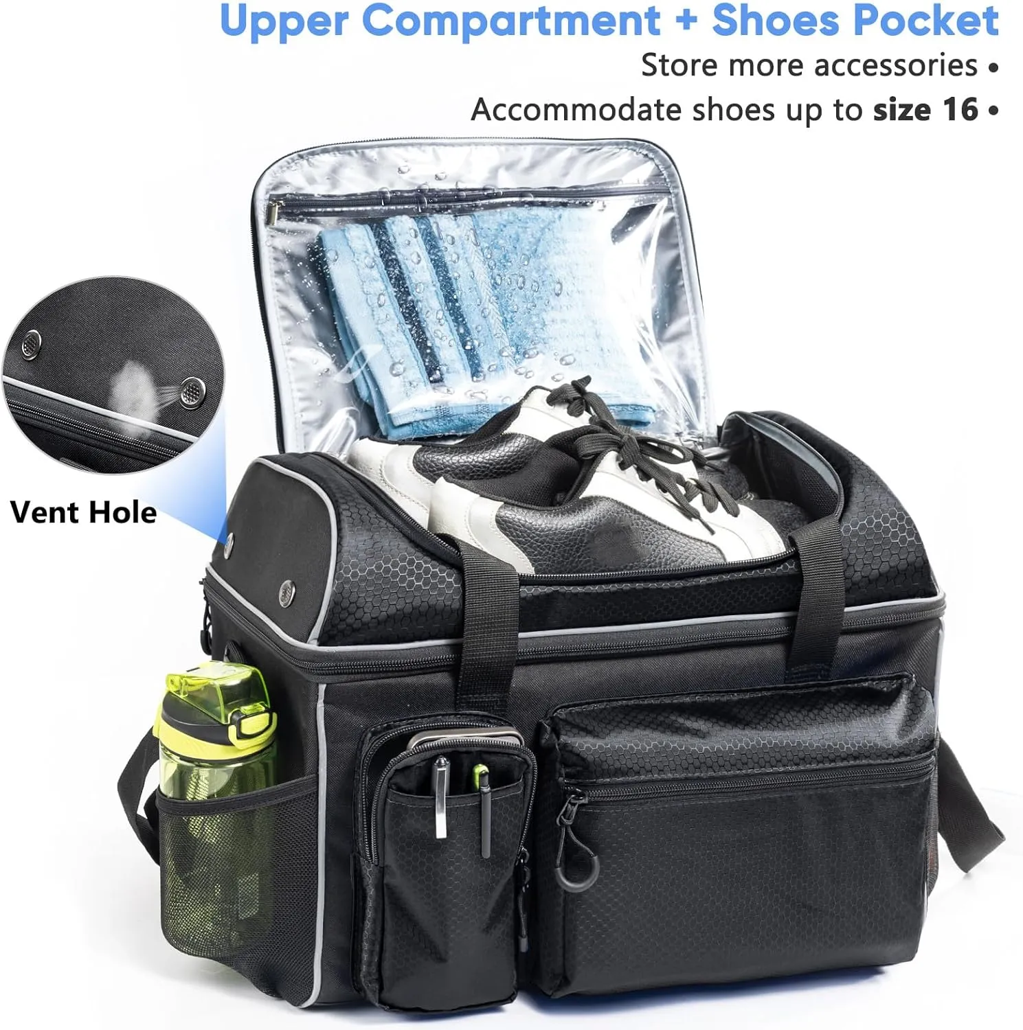 Double-Layer Bowling Bag for 2 Balls with 2 Ball Cup Stand & Microfiber Polisher Bag - Tote with Pockets for Shoes & Accessories