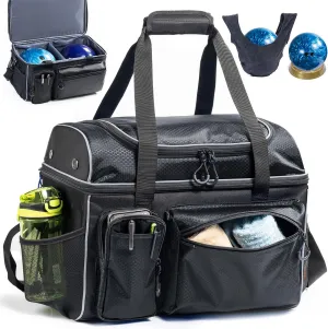 Double-Layer Bowling Bag for 2 Balls with 2 Ball Cup Stand & Microfiber Polisher Bag - Tote with Pockets for Shoes & Accessories