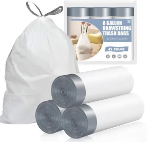 Drawstring 8 Gallon Trash Bags - 42 Count Pre-separated Medium Trash Bags 8 Gallon, White Unscented 8 Gal Garbage Bags
