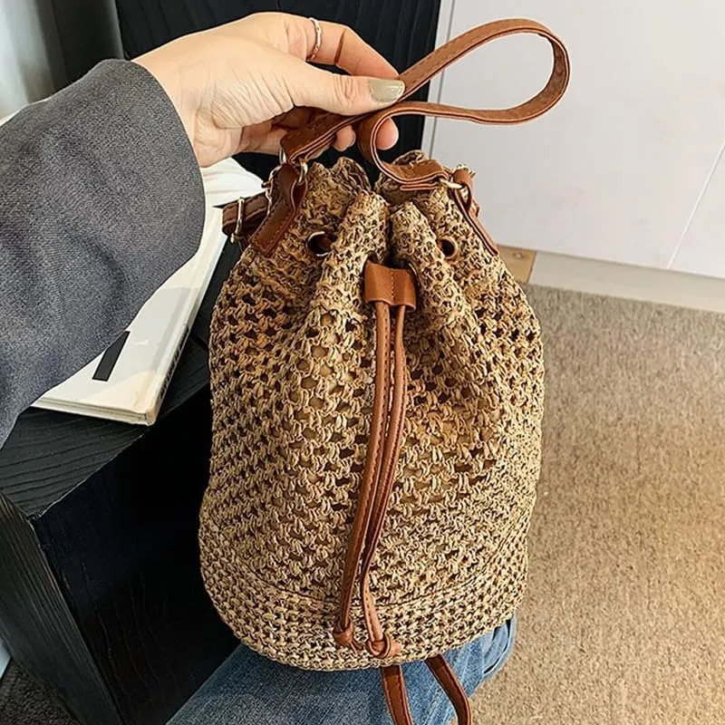 Drawstring Straw Bag Small Crossbody Purses Women Y2k Beach Crochet Bucket Bags Cute Purse Trendy 2025 Summer