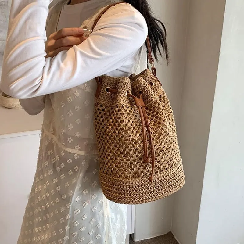 Drawstring Straw Bag Small Crossbody Purses Women Y2k Beach Crochet Bucket Bags Cute Purse Trendy 2025 Summer
